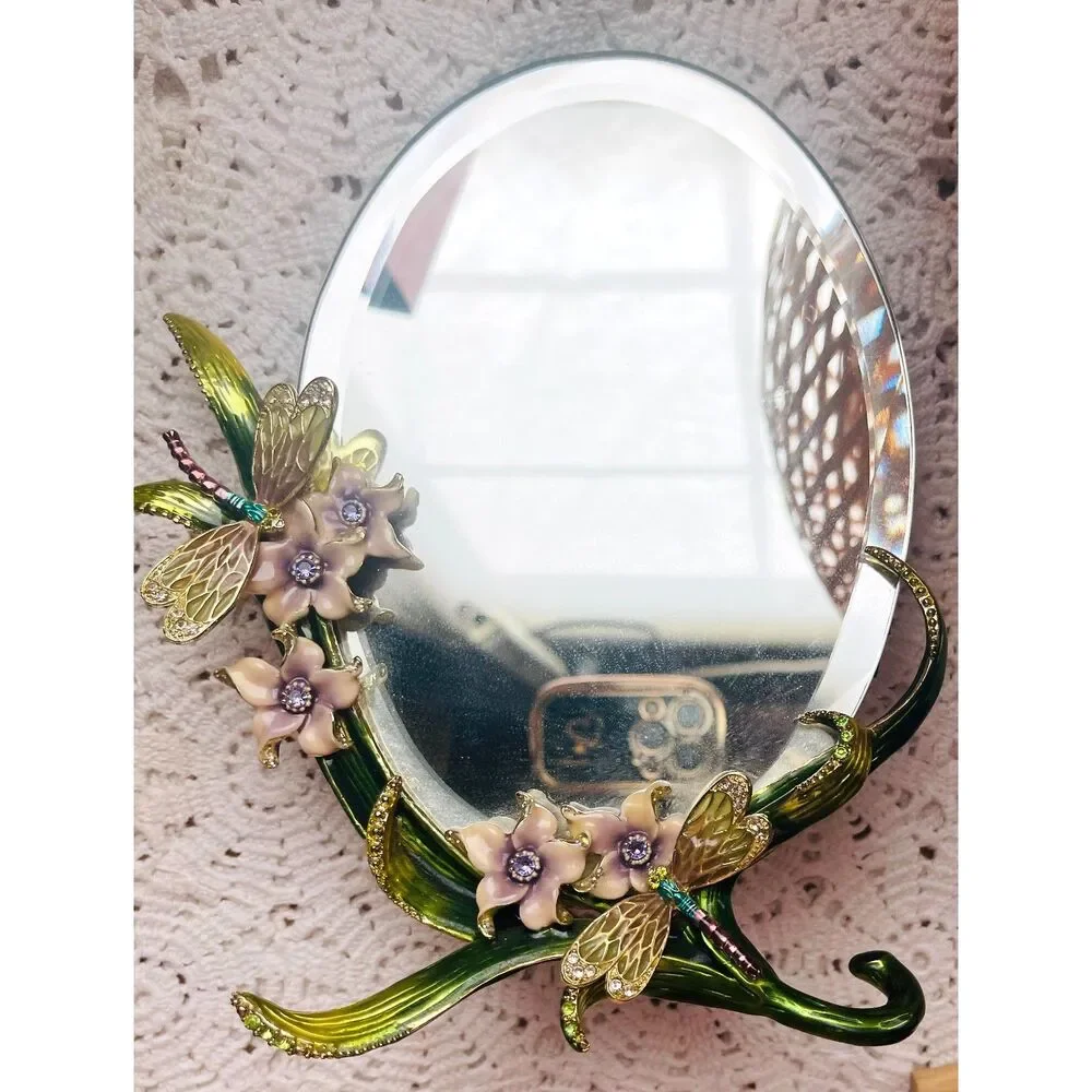 Vtg MCM Dragonfly Mirror Enamel Rhinestone Floral Jewelry Table Top Vanity Decor